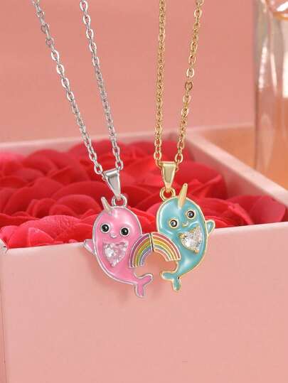 2件套可爱彩虹海豚组合不锈钢项链，金色首饰，金项链，银项链，适合夏季度假、海滩、西部风格首饰、嘉年华、情人节、生日礼物、送朋友的礼物、送女朋友的礼物