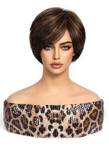 短款精灵假发 - 黑棕渐变短假发 - 优雅女士短款精灵假发 - 高温丝合成发，玫瑰网帽 - 挑染棕色 - 查看 5