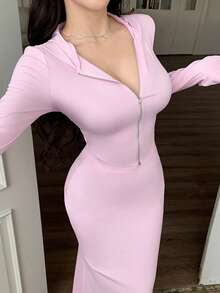 abyoxi 两件套女士优雅粉色连帽拉链露脐上衣和美人鱼长裙，时尚休闲套装，适合户外、街头、运动、日常穿着，性感风格，露脐上衣搭配美人鱼长裙，适合春秋季穿着。 - 粉色 - 查看 1