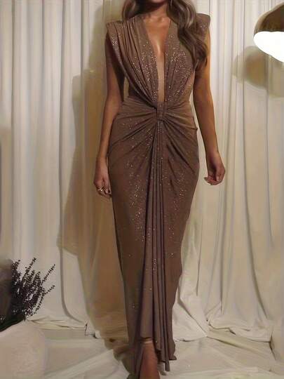 Shiny Twist Knot Formal Evening Dress, Sexy Bodycon V-Neck Long Sleeve Midi Dress Spring Elegant