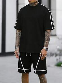 2pcs/Set Summer New Fashionable Loose Comfortable Casual T-Shirt And Shorts Set For Young Men - Black - View 8