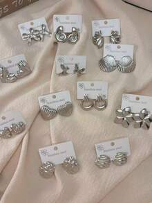 2/6/9 Silver Stainless Steel Fashion Women's Earring Set - Floral, Heart, Shell, Multi-Element Design Style Perfect For Everyday Wear, Holiday Gifts, Or As The Best Valentine's Day Present For Women. - Silver - View 5