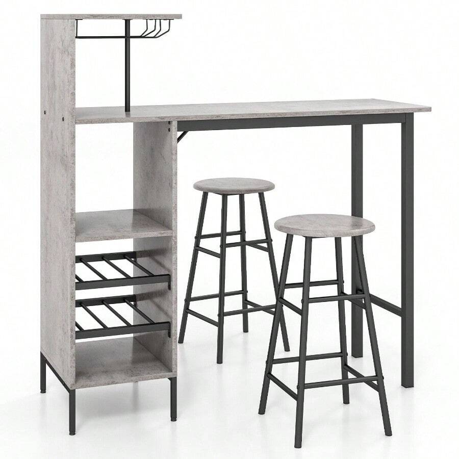 GOFLAME 3PCS Bar Table & 2 Stool Industrial Kitchen Dining Set W/ Wine Rack Glass Holder - Grey - View 1