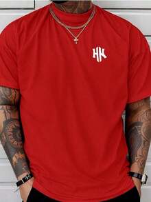 Men's T-Shirt With Minimalist 2H Print, Short-Sleeved Cotton T-Shirt With Round Neck, 2H Lettering. - 紅色 - 查看 1
