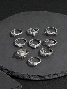 9pcs Silver Rhinestone Star Adjustable Rings Set, Personalized Metal Lava Texture Versatile - Silver - View 2
