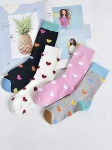 4/1 Pair Women Heart Design Mid-Calf Socks, Cute & Sweet, Suitable For Valentine's Day Gift, Back To School Season - Multicolor - View 2