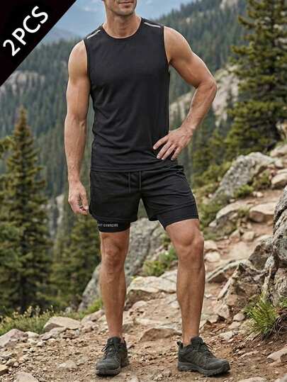 男士夏季运动套装两件套，速干运动背心和印花内衬短裤二合一套装，适合夜跑、越野跑，含运动无袖上衣