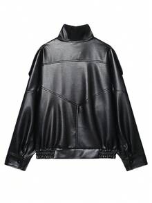 Women's Black PU Leather Jacket, Long Sleeve Zip-Up Bomber Jacket, Autumn/Winter Outerwear, Street Style - Dark Grey - View 10