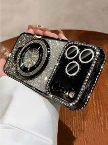 奢华亮片相机水钻指环支架渐变闪光电镀手机壳，兼容 17 Pro Max Air 16 15 14 13 12 Pro Max Mini，适合女孩和女士，橙色、银色、粉色可选。 - 黑色 - 查看 2