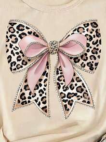 少女蝴蝶结豹纹短袖T恤和打底裤休闲套装 - 杏色 - 查看 4