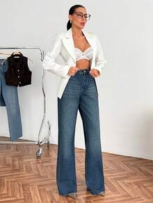 High Waist Plain Casual Comfortable Denim Pocket Zipper Button Jeans - Medium Wash - View 5