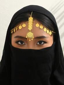 1pc Arabic Gold-Plated Coin Tassel Chain Headpiece, Women's Festival Celebration Party Accessory - Golden - View 2