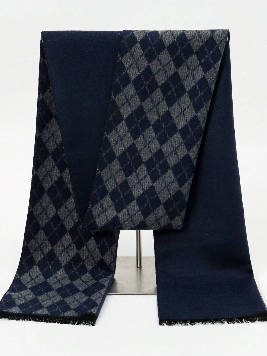 1pc Classic Geometric Plaid Print Warm Thick Scarf, Unisex Fashion Casual Couple Neck Warmer, Suitable For Daily Wear, Autumn/Winter - Royal Blue - View 1