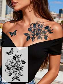 1-2周防水临时纹身贴纸，性感玫瑰、牡丹、兰花、蝴蝶、时钟多图案可选，天然植物成分，适用于手臂、大腿、胸部、背部、肩膀、锁骨等部位，适合DIY嘉年华、情人节、派对等场合。 - 藍色 - 查看 18