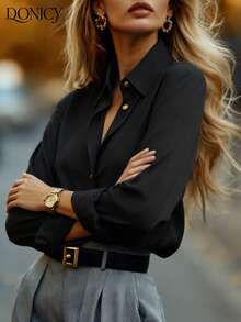 DONICY 女士纯色衬衫领单排扣开衫，时尚优雅简约百搭黑色外套，适合通勤、休闲、学习、商务、正式场合、约会和购物等各种场合。 - 黑色 - 查看 8