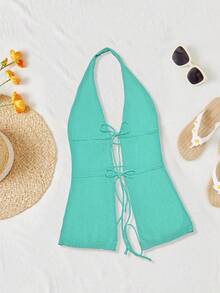 Easter Women Summer Vacation Sexy Solid Color Halter Neck Backless Knit Top Halter Top Rave - Blue - View 7