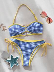 wohenmeili Plaid Print Contrast Trim Halter Neck Bikini Set Vacation - Light Blue Checkered White With Yellow Trim - View 5