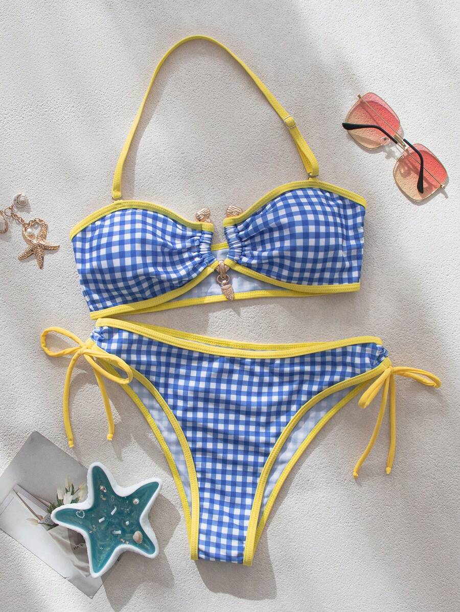 wohenmeili Plaid Print Contrast Trim Halter Neck Bikini Set Vacation - Light Blue Checkered White With Yellow Trim - View 1
