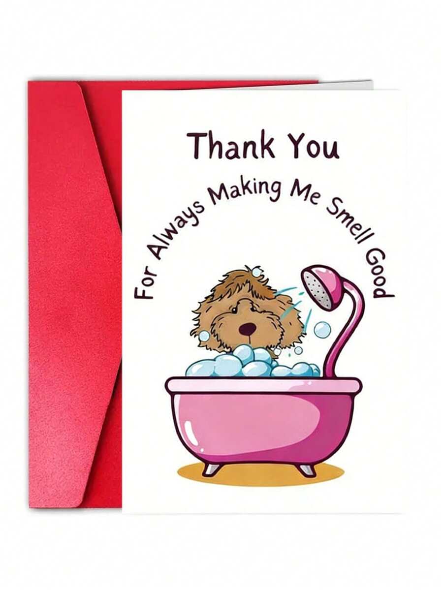 1pc Dog Grooming Thank You Card With Envelope, Pet Groomer Appreciation Greeting Card, Cute Dog Bath Illustration, Holiday Gratitude Notecard For Dog Salon, Major Material: Paper - Multicolor - View 1
