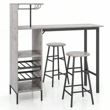 GOFLAME 3PCS Bar Table & 2 Stool Industrial Kitchen Dining Set W/ Wine Rack Glass Holder - Grey - View 10