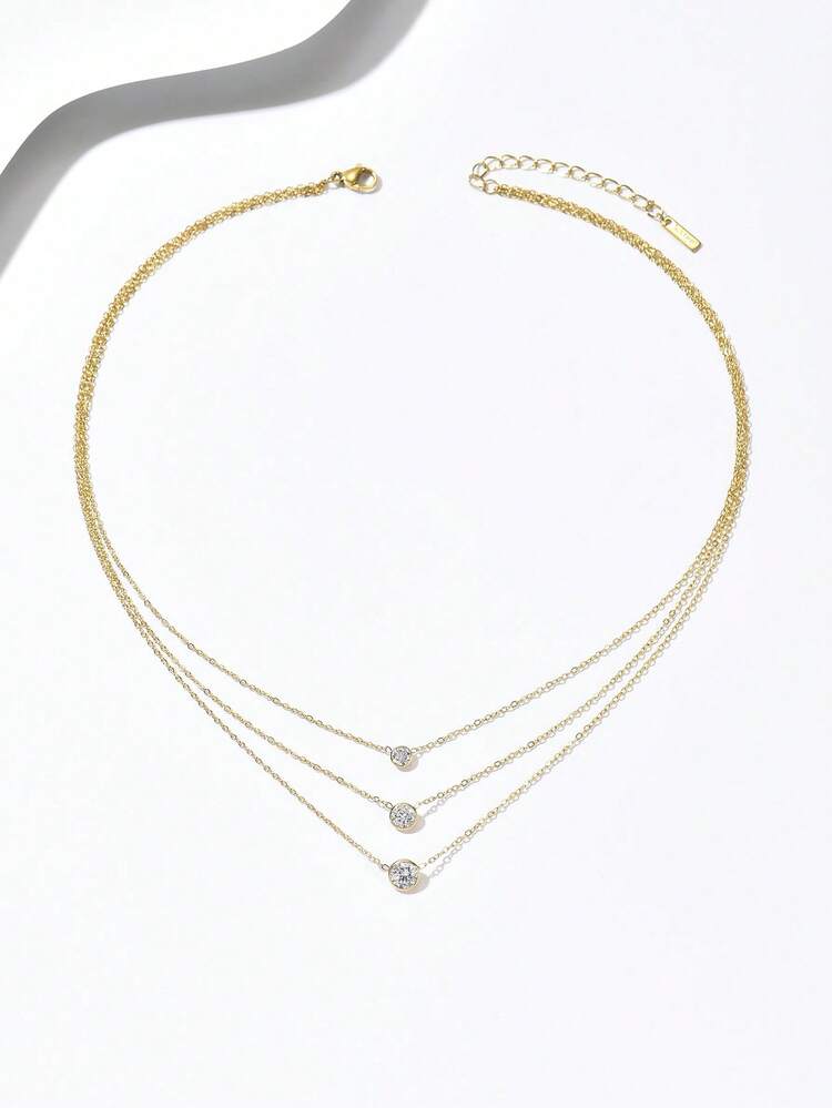 1件时尚奢华立方氧化锆多层项链，简约优雅不锈钢颈链首饰 - 項鍊 - 查看 9