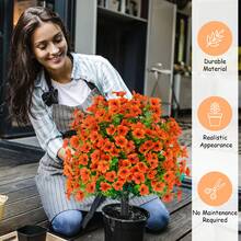 Pianta sferica resistente ai raggi UV per esterni, pianta artificiale in vaso con fiori viola e foglie di eucalipto, adatta per decorazioni da giardino, portico, vasi da fiori in stile fattoria e altre decorazioni per la casa. - Arancione - Visualizzare 7