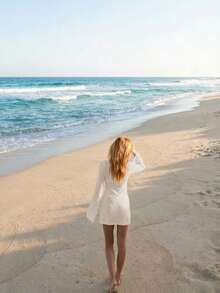 Women's New Hollow Out Sexy Beach Vacation Casual Daily Dress, Flare Sleeve Short Knit Sweater Dress, Spring/Summer/Autumn - Beige - View 5