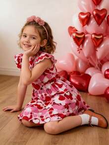 1 chiếc đầm ngắn tay in hình trái tim cho bé gái, món quà dễ thương cho sinh nhật/Ngày lễ tình nhân/Đám cưới/Ngày lễ, mùa xuân/hè. - Nhiều màu - Xem 4