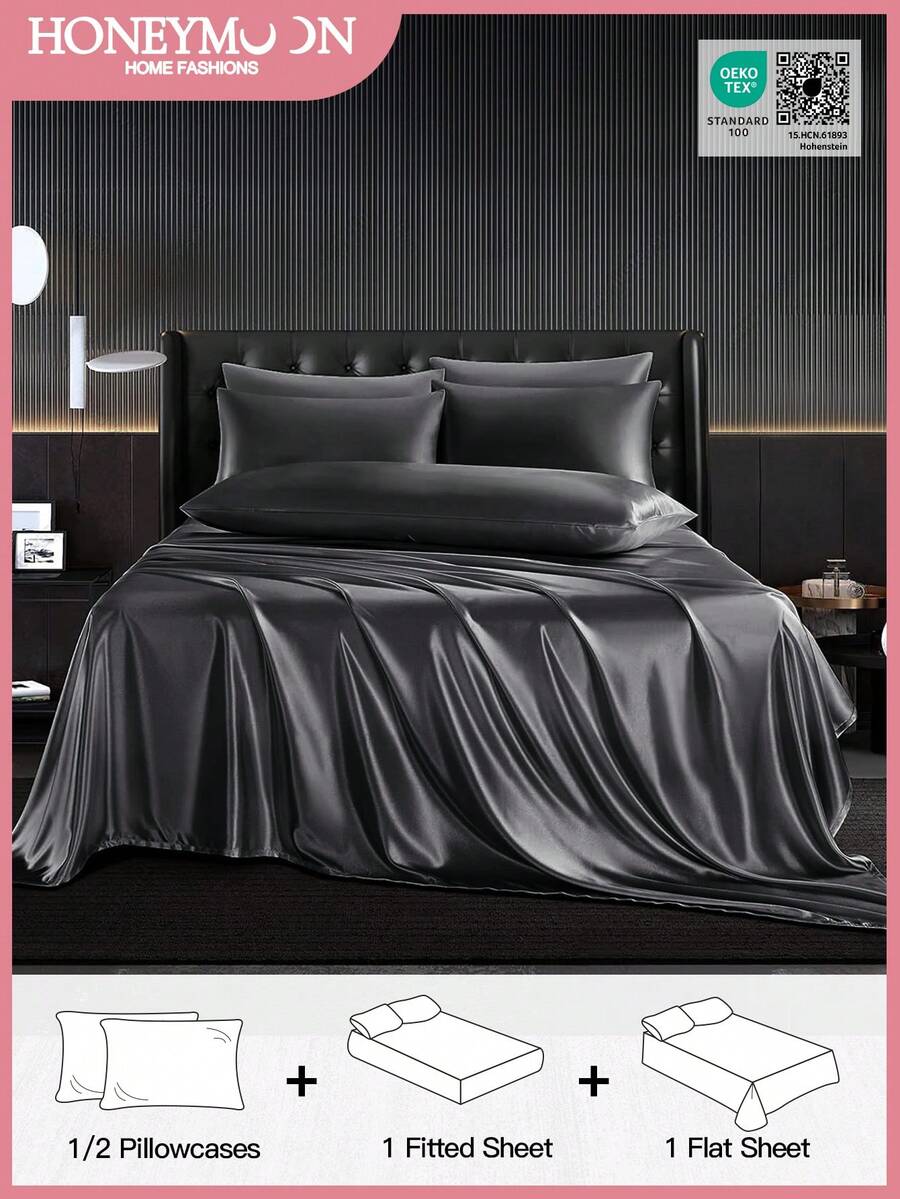 3/4pcs Bedding Set: 1pc Satin Fitted Sheet + 1pc Satin Flat Sheet + 1/2pcs Satin Pillowcase, Soft & Breathable, Wrinkle-Resistant, Improve Sleep Quality, Luxury Hotel Style, 9.84 Inch/25cm Deep Pocket, Machine Washable, Fits All Bed Sizes - Twin, Full, Queen, King, Oeko-Tex Certified, Dark Grey - Dark Grey - View 1