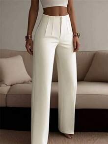 Pantalones rectos de pierna ancha de unicolor para mujer, pantalones casuales de pierna recta, versátiles para diversas ocasiones y para ir al trabajo, color blanco primaveral - Blanco - Ver 2