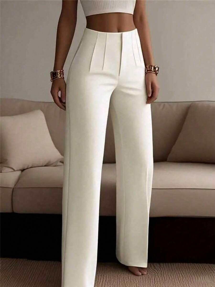 Pantalones rectos de pierna ancha de unicolor para mujer, pantalones casuales de pierna recta, versátiles para diversas ocasiones y para ir al trabajo, color blanco primaveral