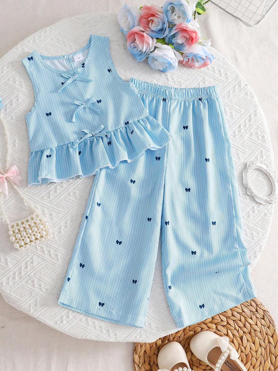2pcs Setelan Musim Panas Anak Perempuan Atasan Rompi dan Celana Motif Pita Kotak-kotak Biru - Biru - View 1