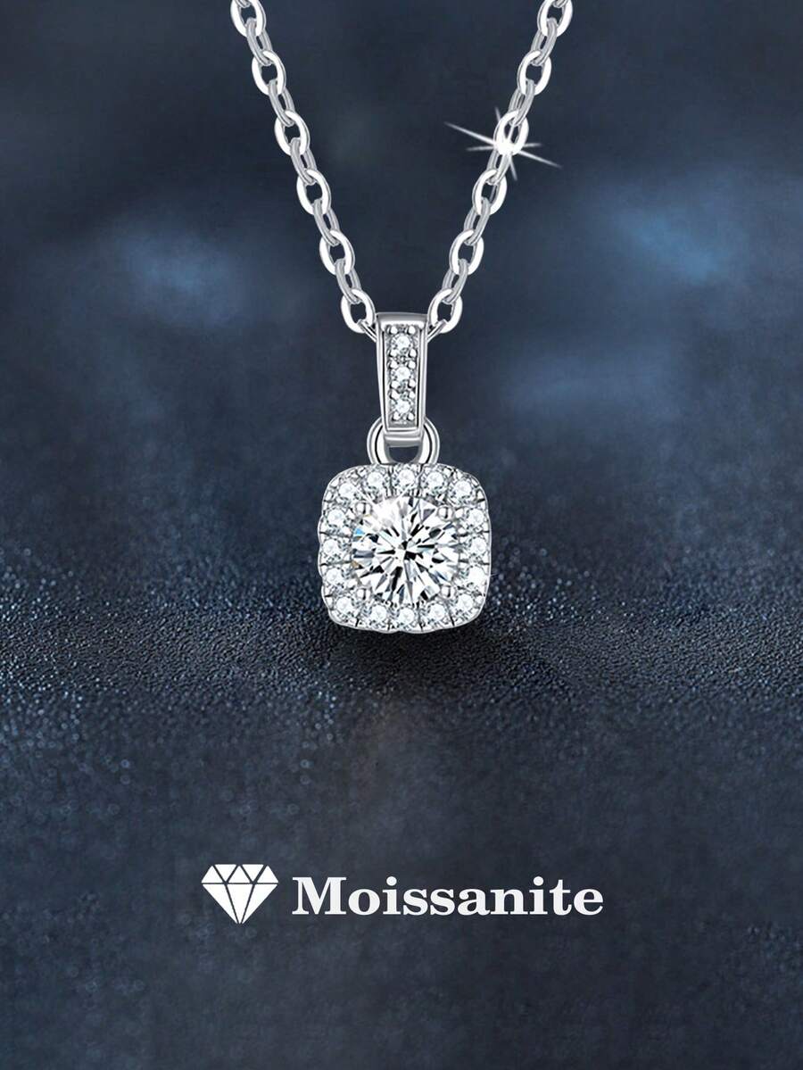 1pc Elegant Luxury 925 Sterling Silver 1 Carat 6.5mm Moissanite Necklace, Suitable For Women's Daily Wear, Parties, Weddings, Valentine's Day, Christmas, Thanksgiving, Women's Jewelry Gift