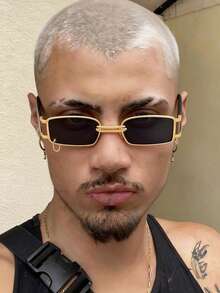 1副男士经典矩形镜框轻便时尚眼镜，适合海滩派对 - 黑灰色 - 查看 2