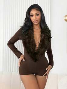 Women's Sexy Fur Collar Deep V-Neck Long Sleeved Tight Jumpsuit Slim Fit Shorts Enterizo Para Mujer Mono Para Mujer One Piece Jumpsuit Rompers Bodysuits Full Body Suit Gift For Valentine's Day And Graduation Party Birthday Celebrations Back-To-School Night Date - 棕色 - 查看 2