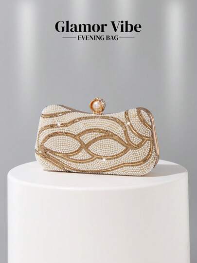 Bolso de mano de noche elegante con perlas y detalles dorados, bolso de fiesta de boda con forma de caja, decorado con perlas y líneas doradas, con cierre de perla, 2 en 1 para llevar en la mano o cruzado, adecuado para bodas, galas elegantes, citas de lujo, combinado con vestidos formales