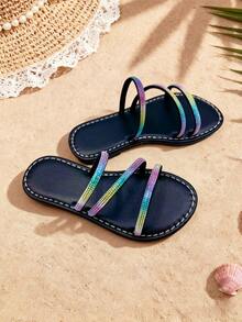 1双女童彩虹闪亮钻石多带凉鞋，露趾平底，舒适闪亮，活泼甜美，夏季沙滩鞋 - 黑色 - 查看 2