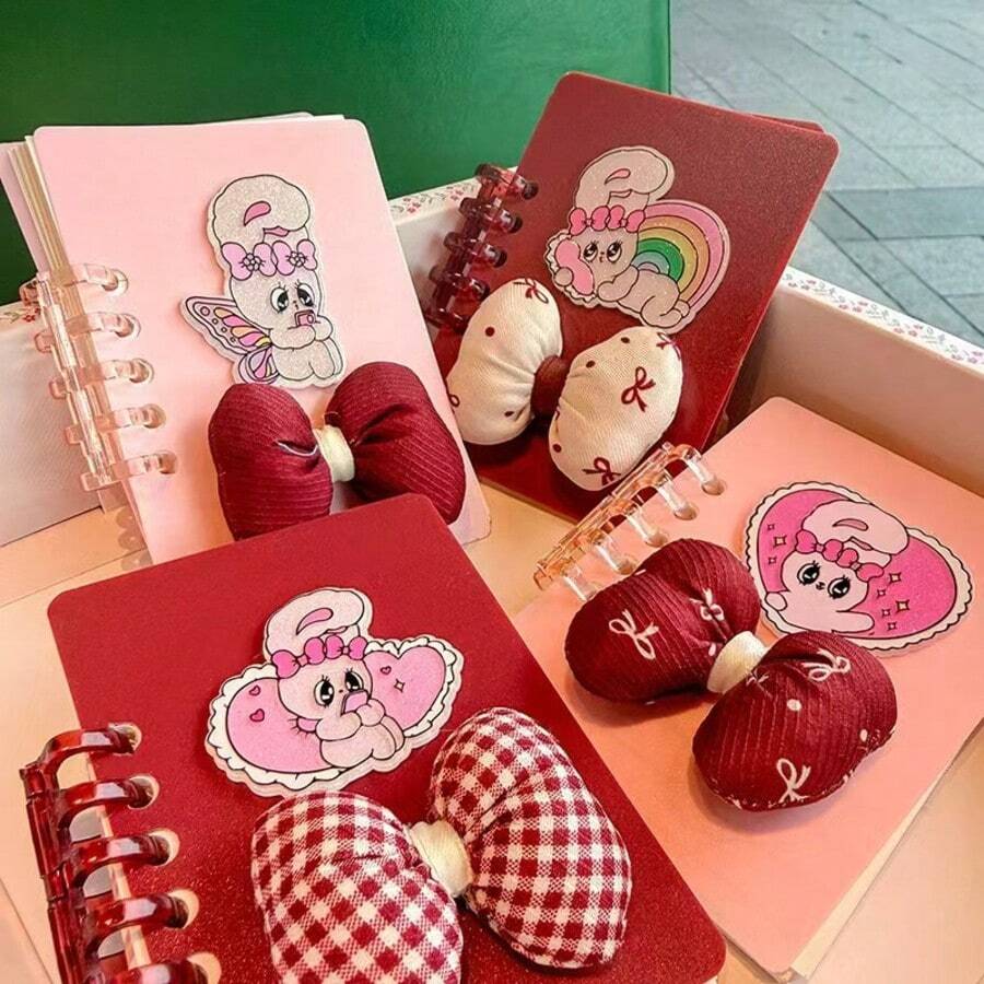 1本可爱兔子蝴蝶结可拆卸螺旋笔记本，迷你便携便签本