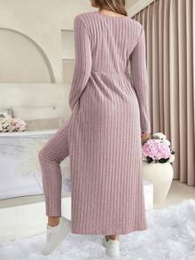 2pcs Maternity Casual Set, Pink/Light Pink Ribbed Long Sleeve V-Neck Slit Front Top With Belly Support Pants, Fashionable & Comfortable Maternity Nursing Wear Spring - Pink - View 2