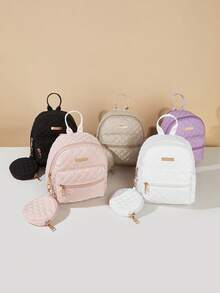 1 Set Girls' Quilted Classic Backpack With Coin Purse, 2pcs Fashionable Backpack Set, Great Gift - Multicolor - View 2