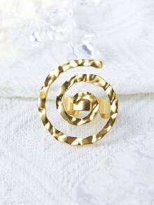 Mazuer 1pc Vintage Textured 18K Gold Plated Stainless Steel Spiral Adjustable Ring, Women Daily Personalized Accessory - Yellow Gold - View 7