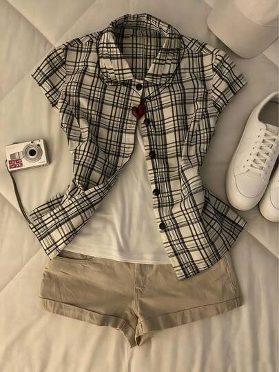 女士复古休闲修身格子衬衫，夏季