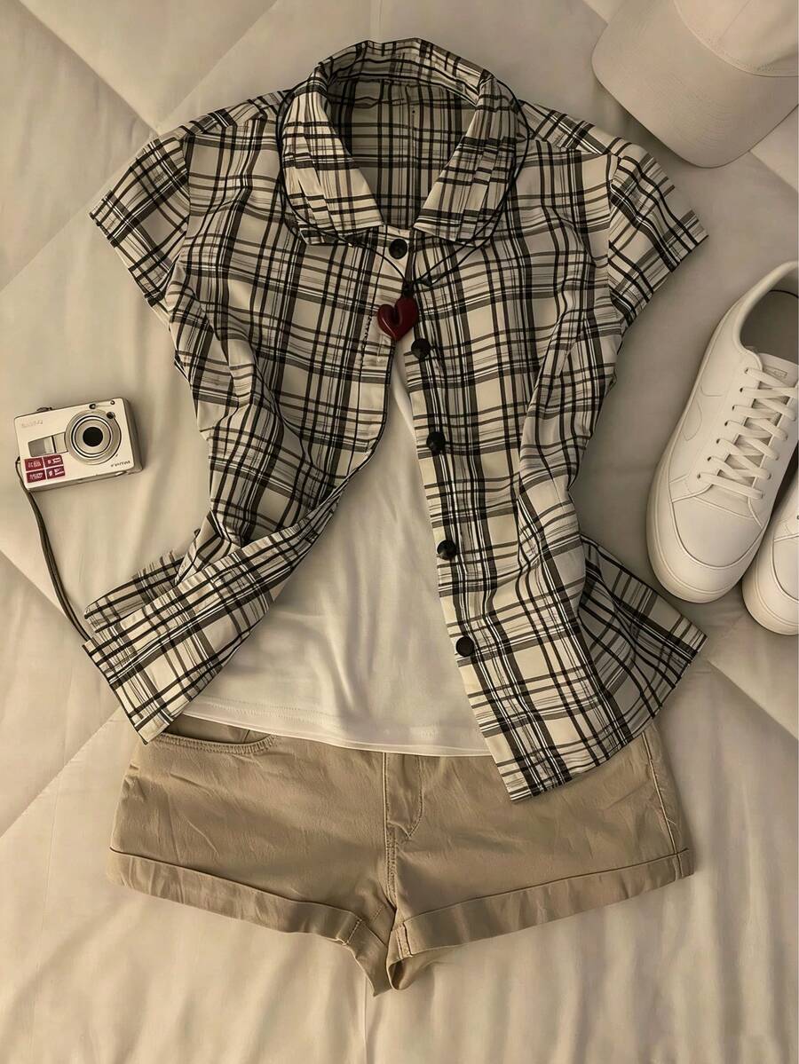 女士复古休闲修身格子衬衫，夏季 - 彩色 - 查看 1