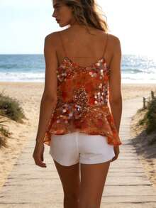 Women's Summer Sequin Camisole Floral Print Spaghetti Strap V-Neck Mesh Tank Tops Streetwear - 橘色 - 查看 5