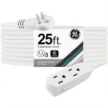 GE 56986 - Cable de extensión plano de 3 tomas, cable de extensión a tierra de 15 pies con múltiples tomas, extensor de toma de corriente de 3 clavijas, enchufe plano, calibre 16 para interiores - Blanco - Ver 8