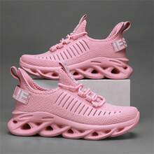 Men's Breathable Mesh Sneakers, Casual Outdoor Running Jogging Shoes, Shock Absorbing Fashionable Tennis Shoes, Lightweight Knitted Upper, Multiple Colors Available (Striped Pattern On Upper Randomly Distributed) - Pink - View 1