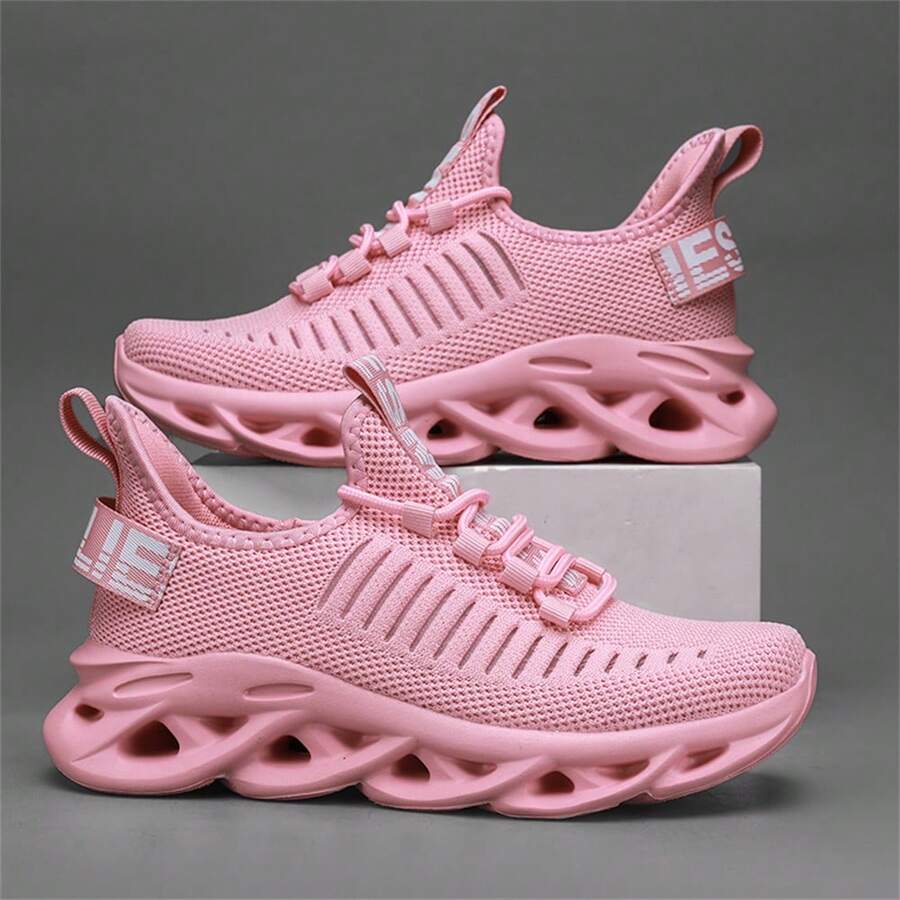 Men's Breathable Mesh Sneakers, Casual Outdoor Running Jogging Shoes, Shock Absorbing Fashionable Tennis Shoes, Lightweight Knitted Upper, Multiple Colors Available (Striped Pattern On Upper Randomly Distributed) - Pink - View 1