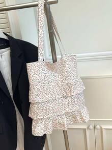 Bolso de lona con volantes en los hombros, estilo Mori, versión coreana de literatura y arte para estudiantes, bolso de lona suave para chicas, nuevo para el verano 2024 - Blanco - Ver 2