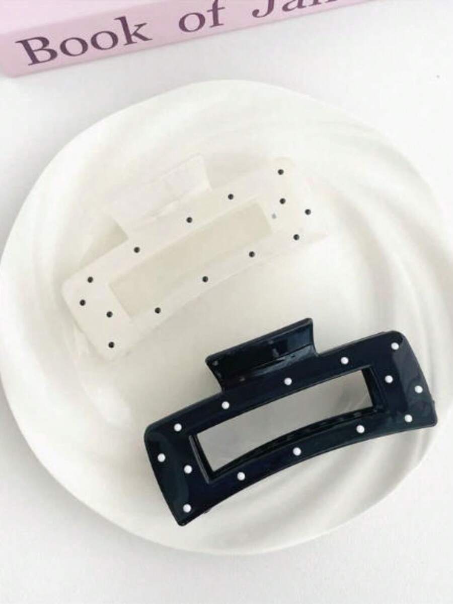 1/2pcs Glossy Classic Black & White Polka Dot Large Square Hair Claw, Minimalist Casual Bun Hairstyle Accessory - Multicolor - View 1