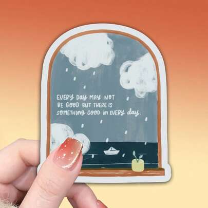 Pegatina de vinilo mate "Algo bueno todos los días" - Afirmación positiva minimalista e inspiradora con diseño de gota de lluvia y nube, beige y cita motivadora para portátil, diario, planificador, funda de teléfono (Positividad diaria)